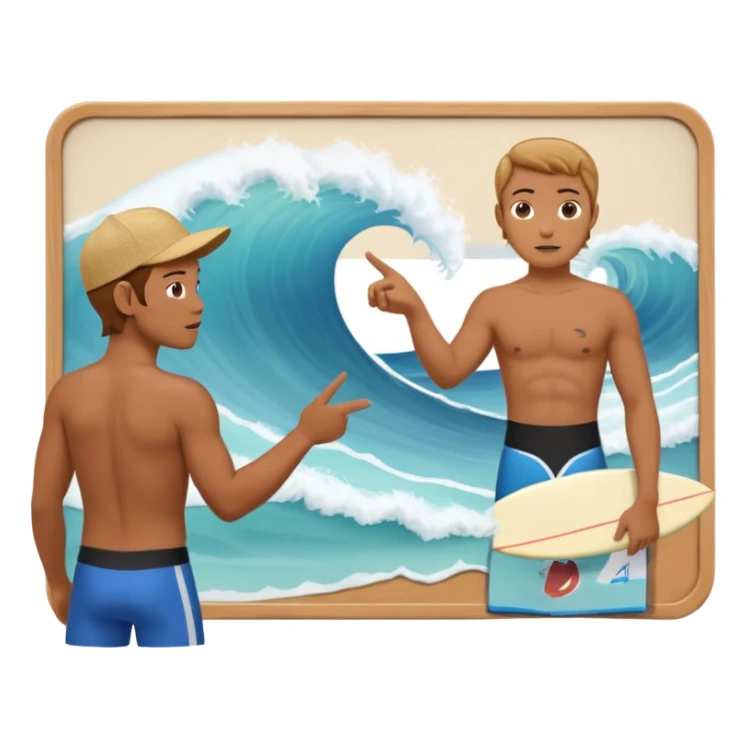 icon of a surf instructor teaching, pointing to a whiteboard with a wave in the center. Below the board are two avatars with their backs turned, looking at the board. sticker