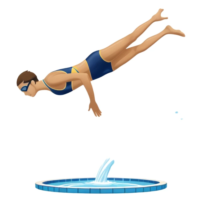 An icon featuring an athlete performing a graceful somersault mid-air, heading toward the water in a diving pool. The design includes water splashes and the diving platform, symbolizing the skill and precision of high diving. Transparent background highlights the elegance of the sport. sticker