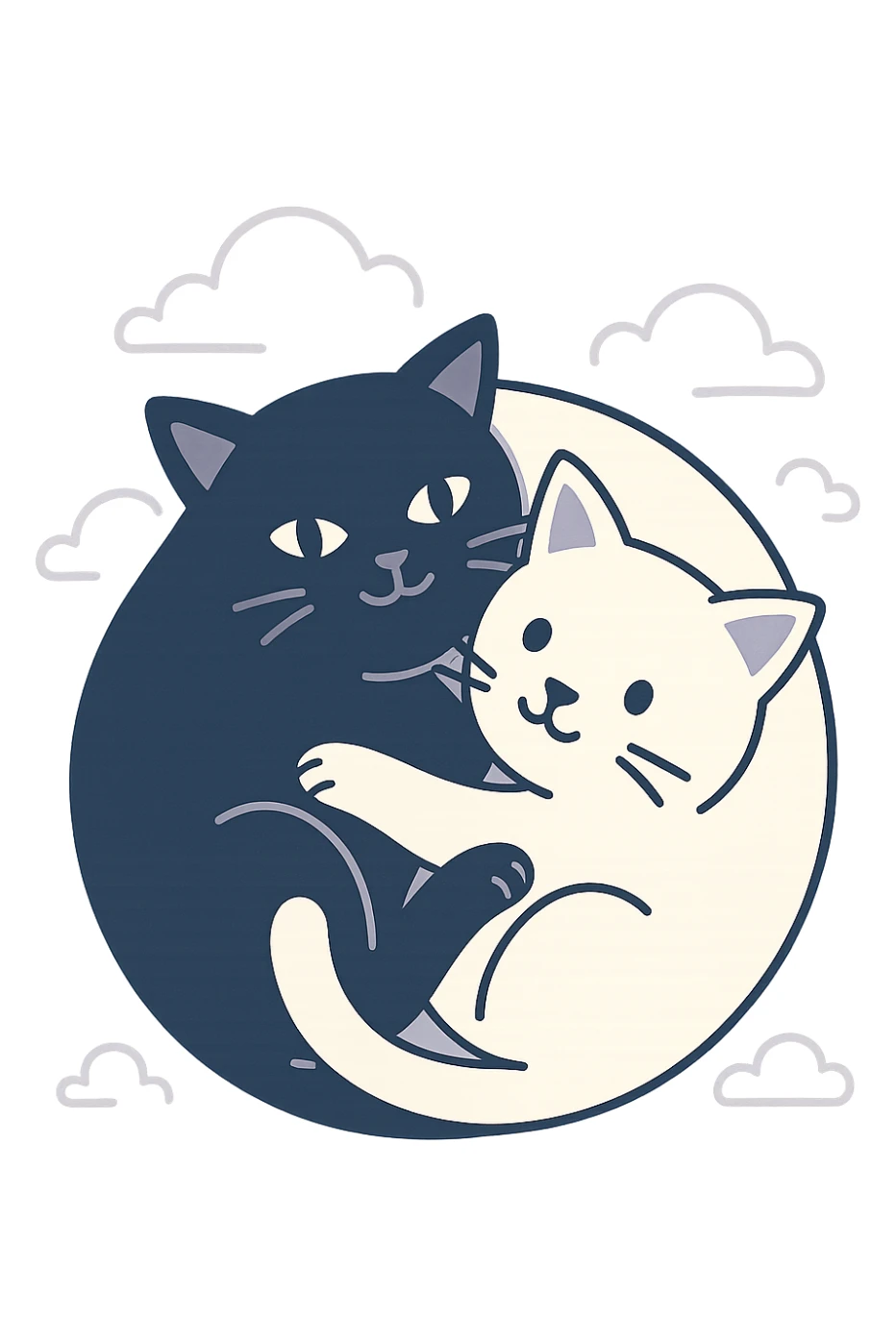 a black cat and a white cat curled together in a yin-yang pose, harmonious and balanced, minimal background, clean lines, simple style sticker