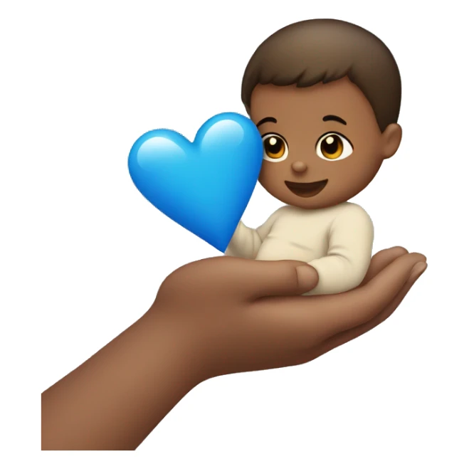 A baby boy holding a blue heart sticker