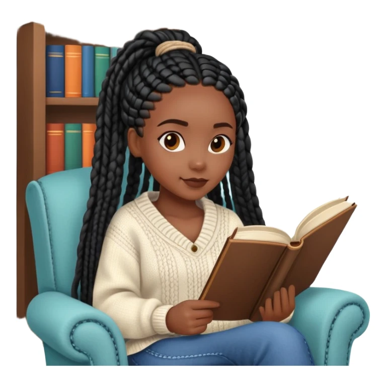  A dark-skinned Black woman with long black box braids, holding an open book, sitting in a cozy chair, wearing a sweater. sticker