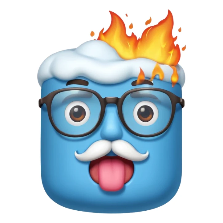 blue marshmallow on fire, surprised with mustache and glassess, just marshmallow sticker