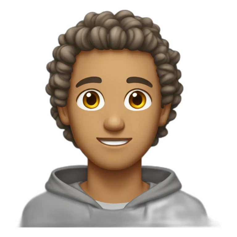 tan guy with brown eyes and a curly manbun in a gray hoodie sticker