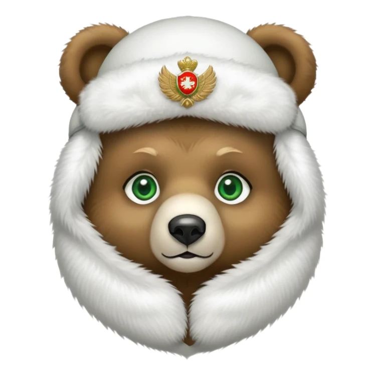 Adorable bear head with big green eyes and soft expression, wearing white fluffy ushanka with detailed Russian emblem in center, iOS emoji style sticker