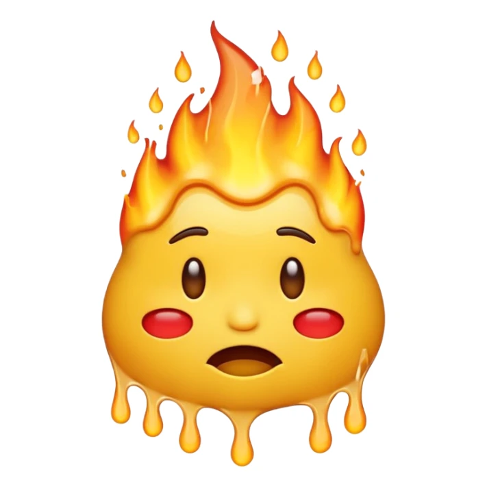 Generate an emoji that is on fire, with a synical laugh, but also crying and melting at the same time with a sad mouth.  sticker