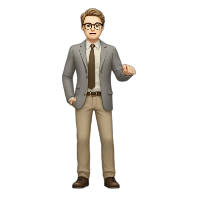 Full height Actively Gesturing Pale skinned fit man with dark brown hair in gray jacket, beige office shirt, brown tie, brown pants and vintage glasses. sticker