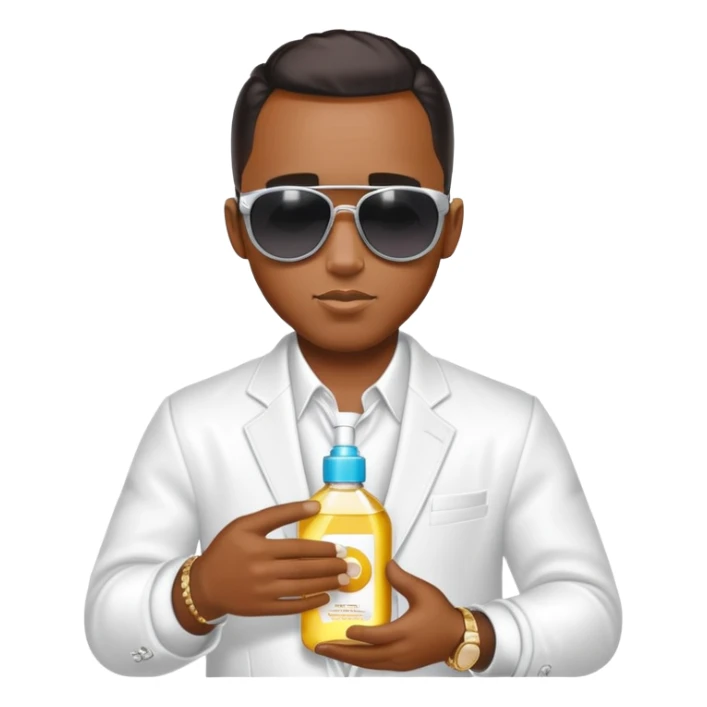 Diddy wearing sunglasses in a party outfit holding baby oil  sticker