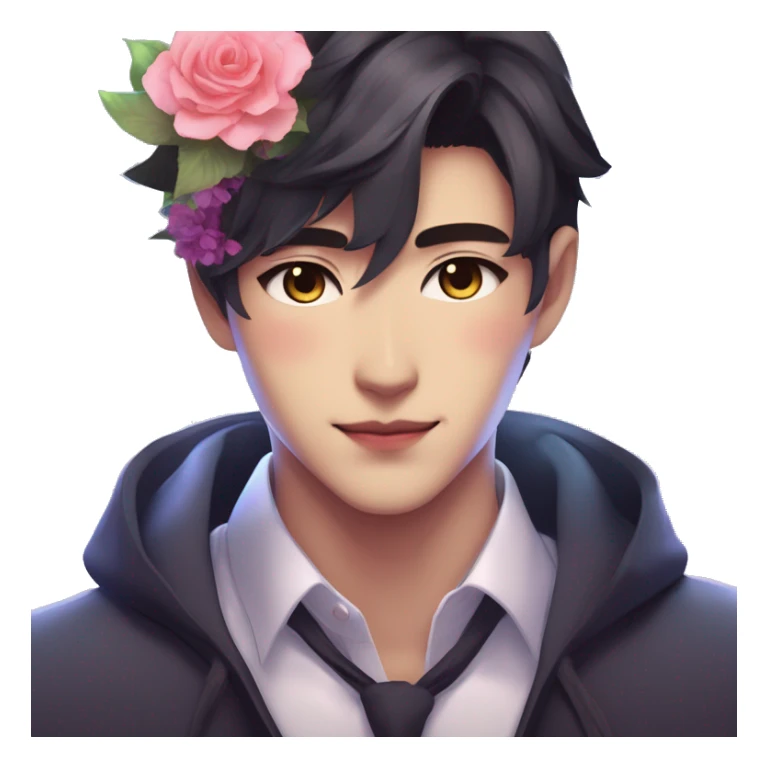 Gorgeous romantic anime style Asian formal modern gentlemanly guy with cat ears and flowers and blushing face aesthetic trending style outside with colorful gradient colors sticker
