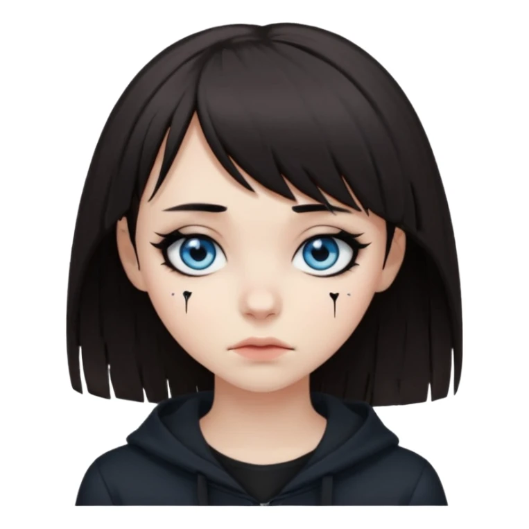 white emo girl with dark brown hair and bangs over her whole forehead wearing black eyeliner with blue eyes wearing black clothes with a black broken heart above her head sticker