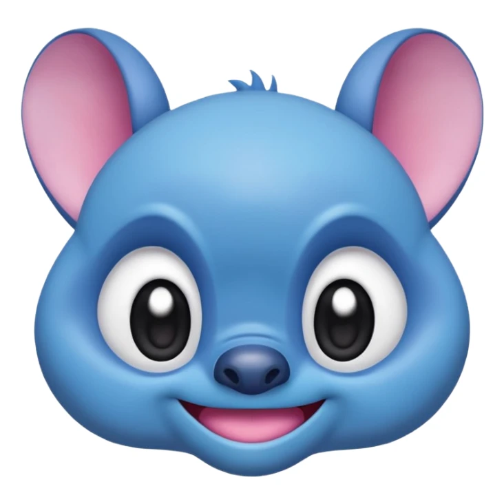cute emoji-style alien face inspired by Stitch from Lilo & Stitch, only the head, big round dark eyes, wide playful smile, blue fur, large floppy ears with pink inside, kawaii style, minimal details, pastel colors sticker