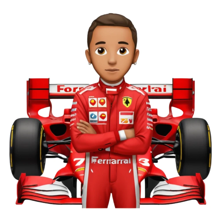 lewis hamilton en combinaison rouge ferrari devant sa f1 sticker