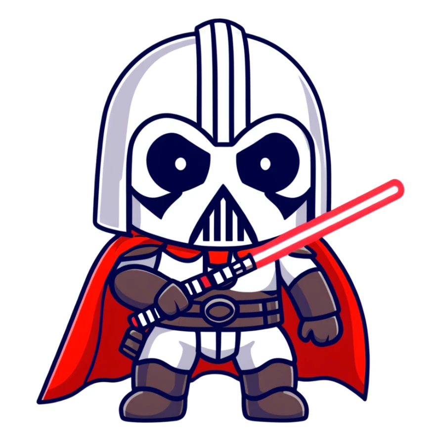 Oreo cookie wearing Sith lord helmet and cape with red lightsaber sticker