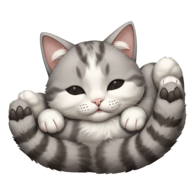 grey and white small cat with eyes closed lying down upside down with its paws/arms tightly covering its own face sticker