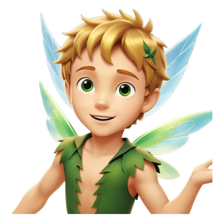 cinematic-realistic-peter-pan-portrait, head tilted dramatically with an exaggeratedly amused expression and sparkling eyes brimming with playful mischief, his iconic outfit rendered in vivid detail with dynamic shadows, soaring through the air. Next to him is a glowing Tinker Bell, whose delicate wings leave a trail of shimmering pixie dust across a whimsical sky. sticker