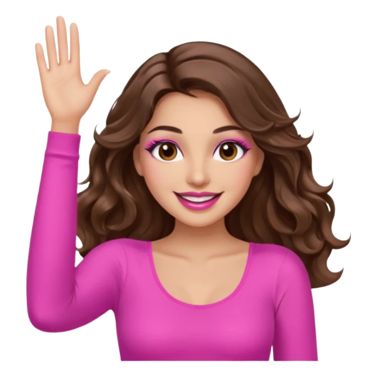 girl with long wavy brown hair, brown eyes, long lashes makeup, sexy pink lips, light to medium complexion, wearing a pink sexy top, both hands in the air high sticker