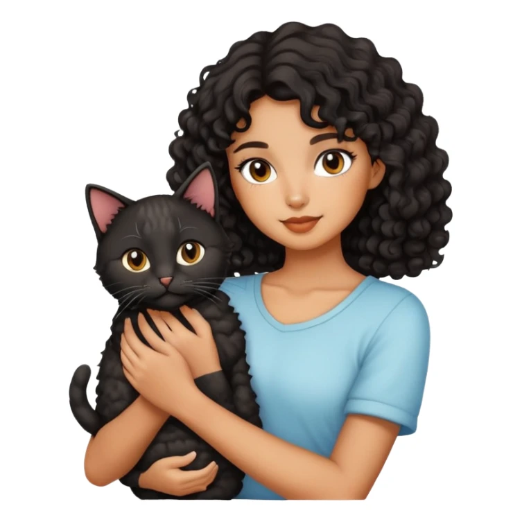 A beautiful girl with short curly black medium long hairs holding a cat sticker