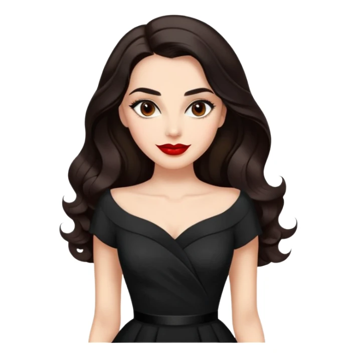 Distinguished actress with bright complexion, long dark hair with soft waves, large expressive dark eyes with classic makeup, defined brows, red lipstick, wearing elegant black dress, confident professional smile sticker