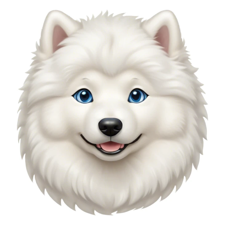 Cinematic Cute Samoyed Portrait Emoji, Head tilted playfully and inquisitively, featuring a fluffy, pristine white Fur with a natural sheen, round, sparkling blue eyes filled with curiosity, Simplified yet irresistibly adorable features, highly detailed, glowing with a warm, friendly glow, high shine, affectionate and lively, stylized with a touch of whimsy, bright and endearing, soft glowing outline, capturing the essence of a mischievous yet loving companion, so playful it feels like it could frolic out of the screen and into your arms! sticker
