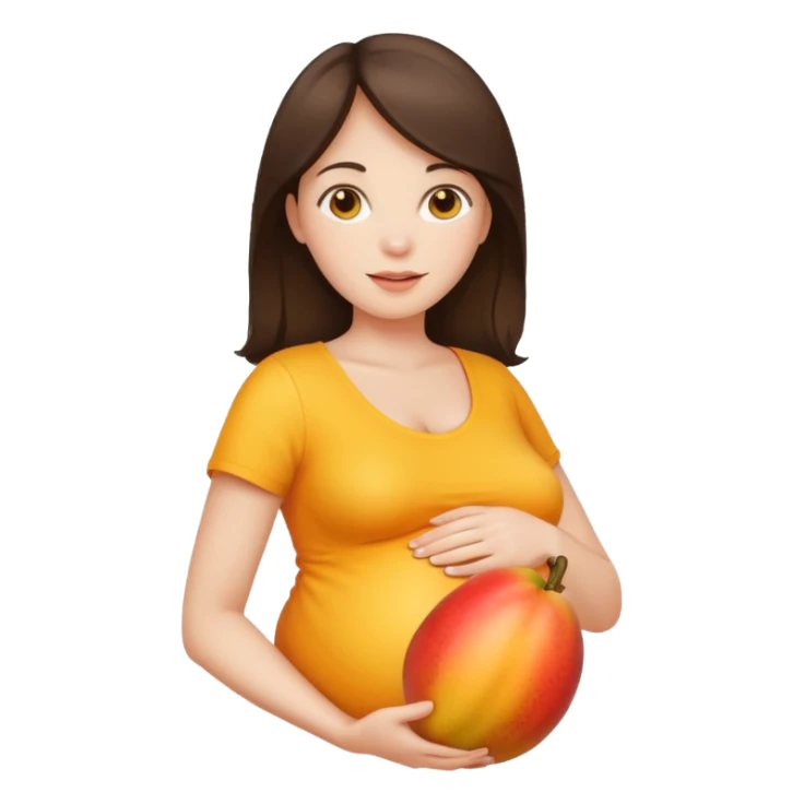 Brunette pregnant woman holding mango sticker