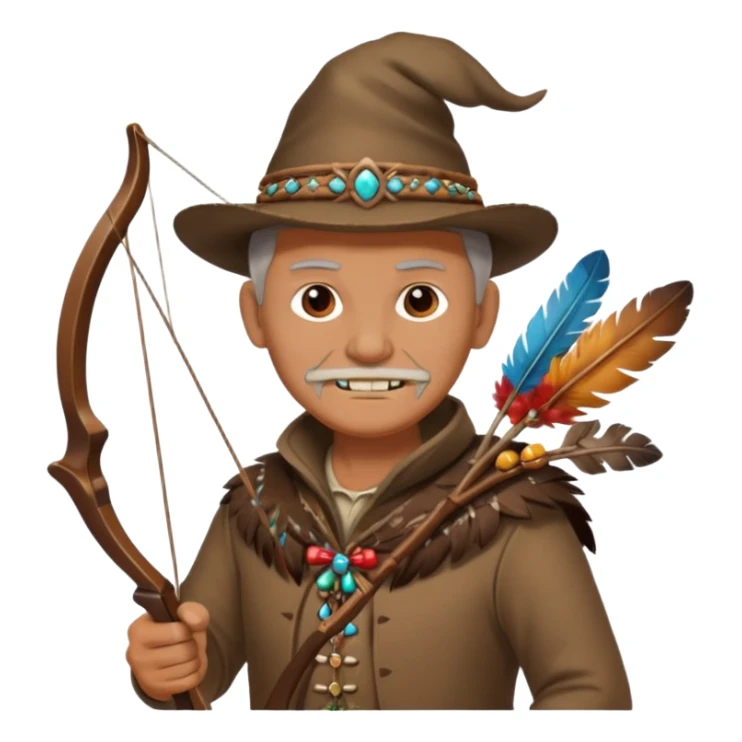 The classic image of a middle-aged uncle hunter carrying a bow, dressed in brown clothes, with some ornaments made of feathers, bones or teeth on his body. sticker