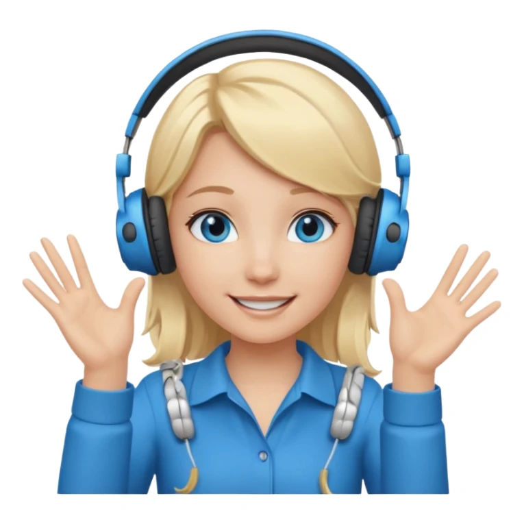 girl with blonde hair and blue eys with heands telling what, having heaphones on head sticker