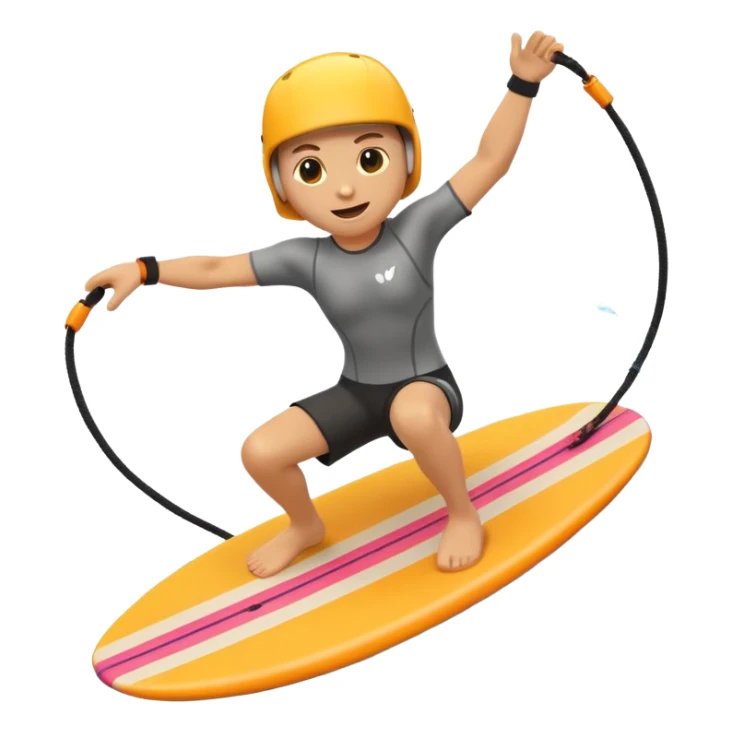 "Apple 3D emoji-style character wakeboarding mid-jump, with arms extended holding an orange rope, legs slightly bent on a yellow board. Stylized water splash behind. Emoji face, rounded body, bright and clean Apple shading." sticker