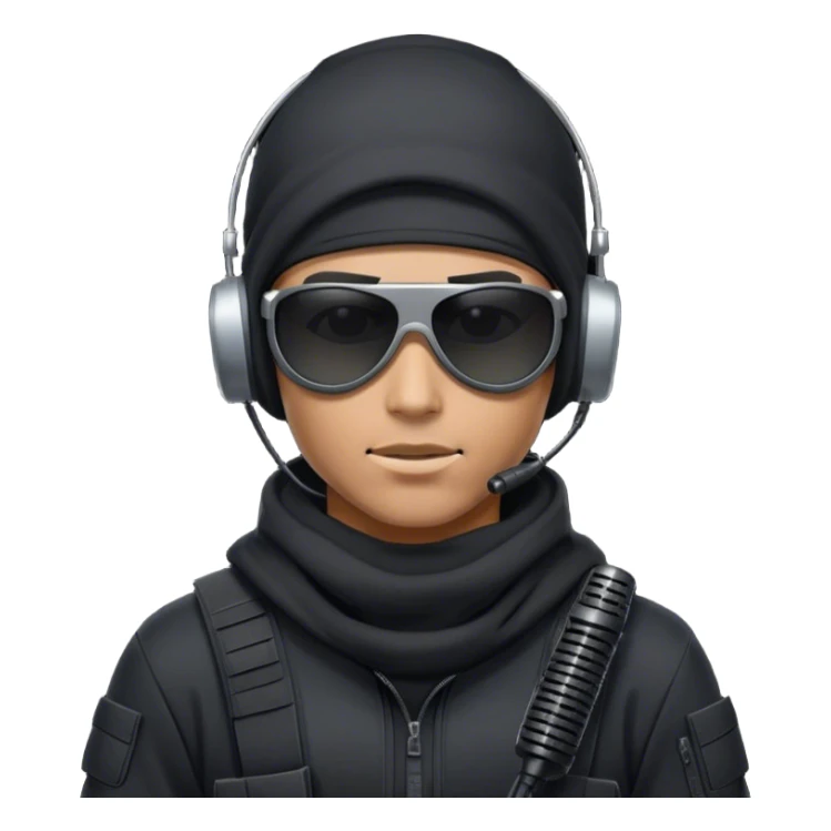 Futuristic special forces soldier wearing a white balaclava, black wraparound sunglasses, and a military headset with a microphone. Dressed in a dark hoodie. sticker