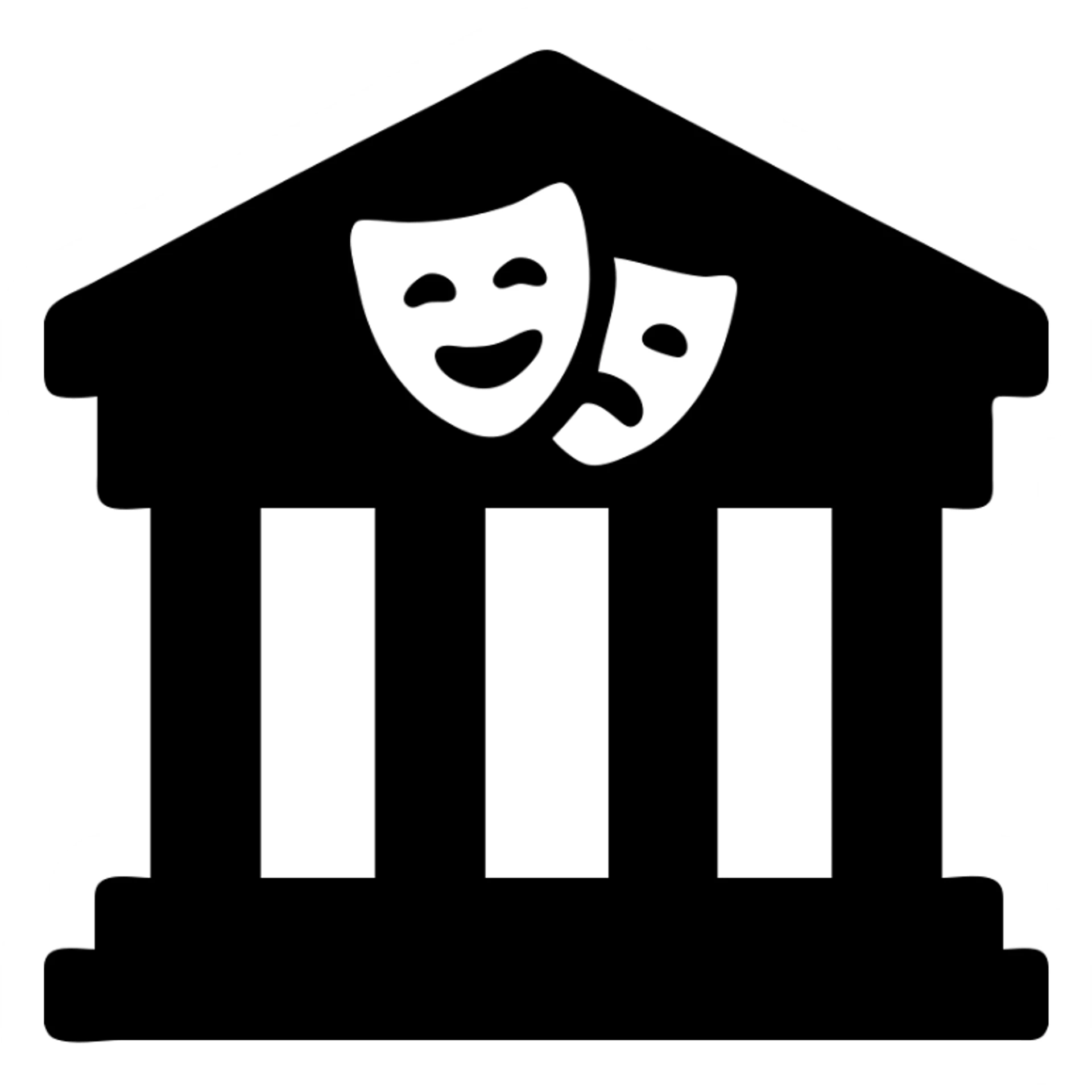 cultural building, theater facade with columns, black fill, concise silhouette, urban theme, uniform line thickness sticker