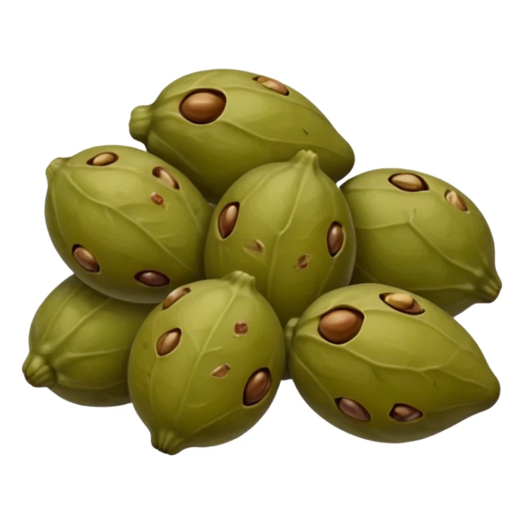 a few capers grouped together, olive green to brown, wrinkled skins, some with small stems, matte to light gloss, brined texture, no jar or garnish, soft lighting, emoji scale sticker