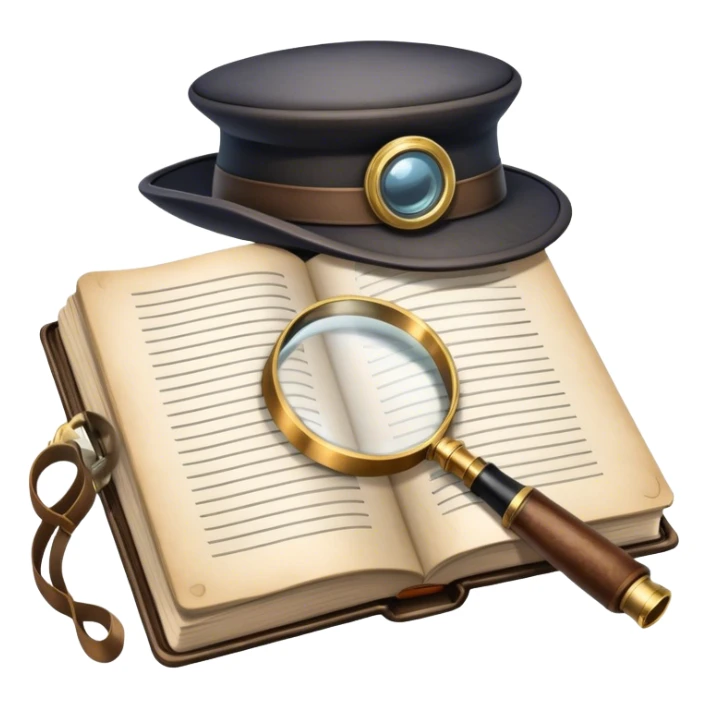 Icon for Detective Reading: an open book with a magnifying glass, a detective’s hat, and a notebook with clues, surrounded by dark shadows and mysterious elements like footprints and a smoking pipe. Transparent background. sticker