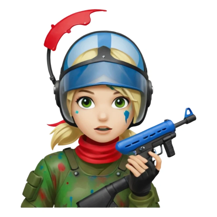blond girl playing paintball with red paintball helmet, only face sticker