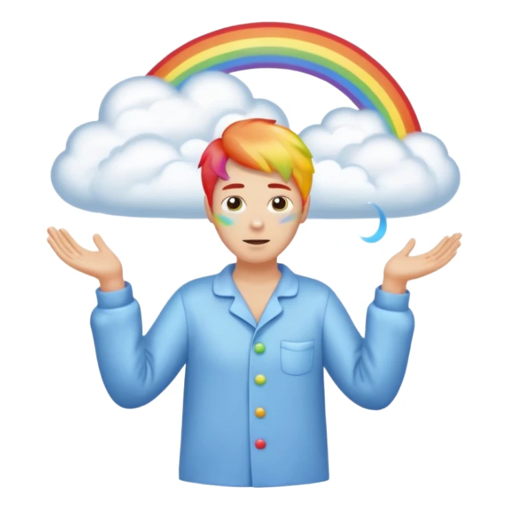 person in pajamas conjuring a swirling rainbow cloud sticker