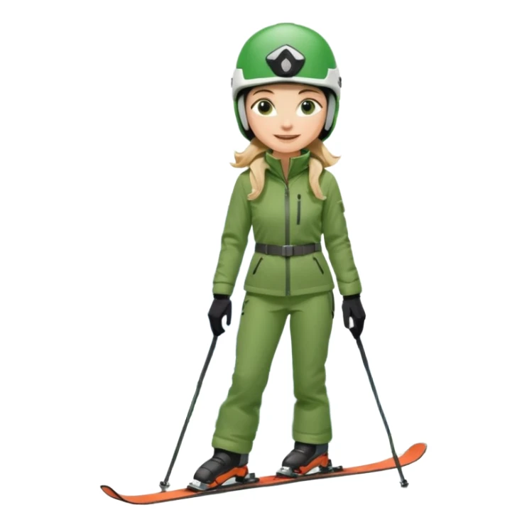 Woman, skiing, White helmet, Green Jacket, green trousers, background Matterhorn sticker