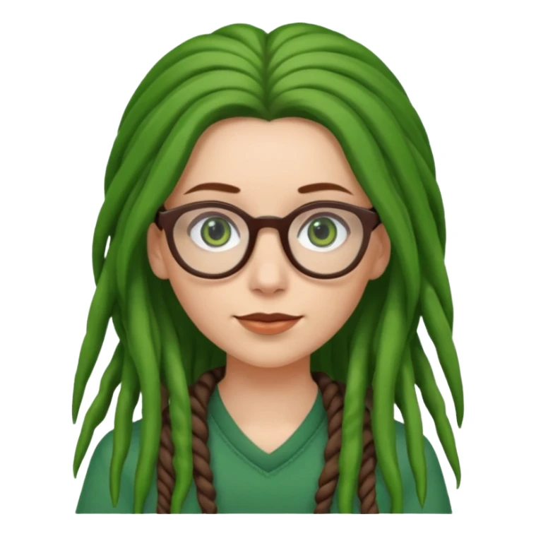 A white Girl with glasses,Brown long hair, grenn dredd sticker