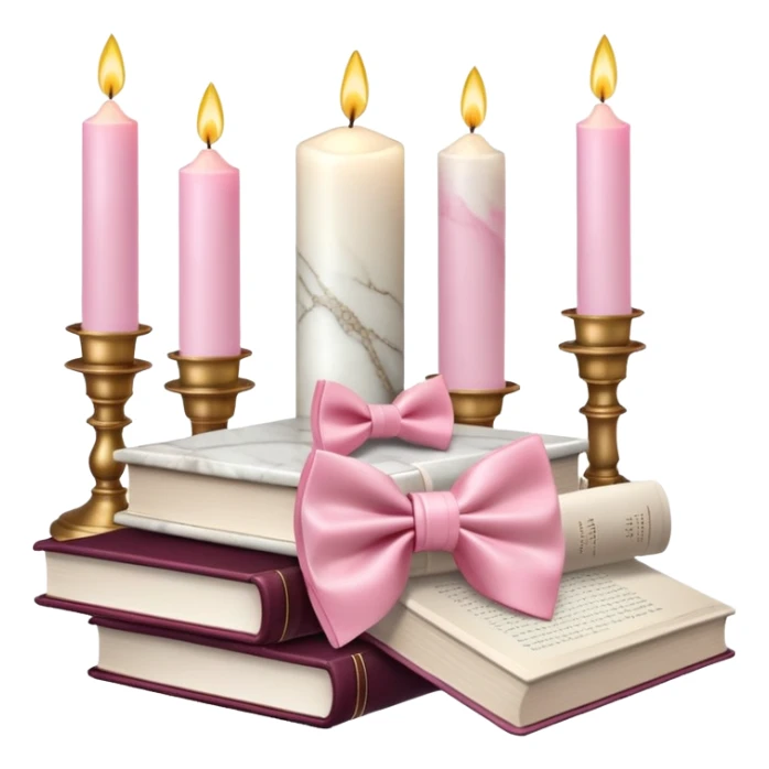 Aesthetic candles, flower petals, bow tie, books, marble stand sticker