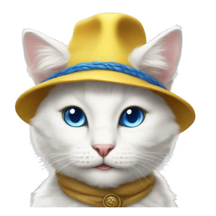 White Cat ,chasseur ,smile ,blue eyes ,anthro , yellow feather hat sticker