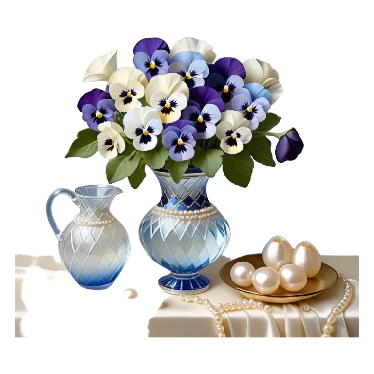 A carefully arranged still life featuring a crystal vase filled with an enchanting mix of soft blue and creamy white pansies, their petals unfolding like miniature works of art. A string of pearls is casually draped beside the vase, reflecting a subtle iridescence under candlelight. The backdrop is a hand-painted silk fabric in gentle shades of pearl and ivory, its smooth texture enhancing the refined beauty of the floral display sticker