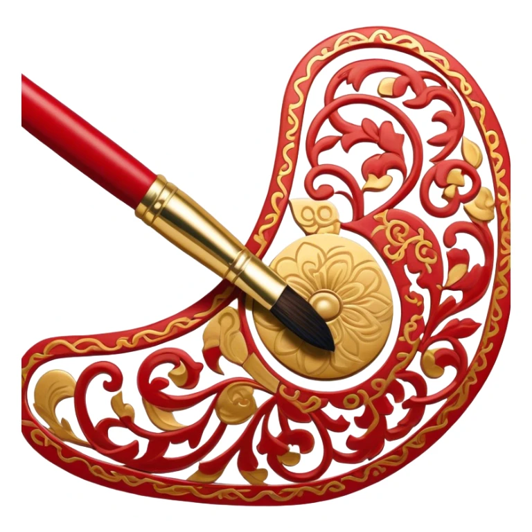 Chinese metal painting icon, metal surface being hand-painted with a fine brush, intricate Chinese patterns in red, gold, and black, visible brush strokes in progress, no finished artwork, just the process of painting with a brush, delicate details, minimalistic style, clean lines, transparent background. sticker