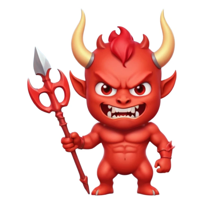 cute 3D red devil emoji, muscular cartoon devil, glossy skin, big curved horns, angry cute face, sharp teeth, holding trident, emoji style, soft lighting, smooth texture, clean background, high quality, digital art sticker