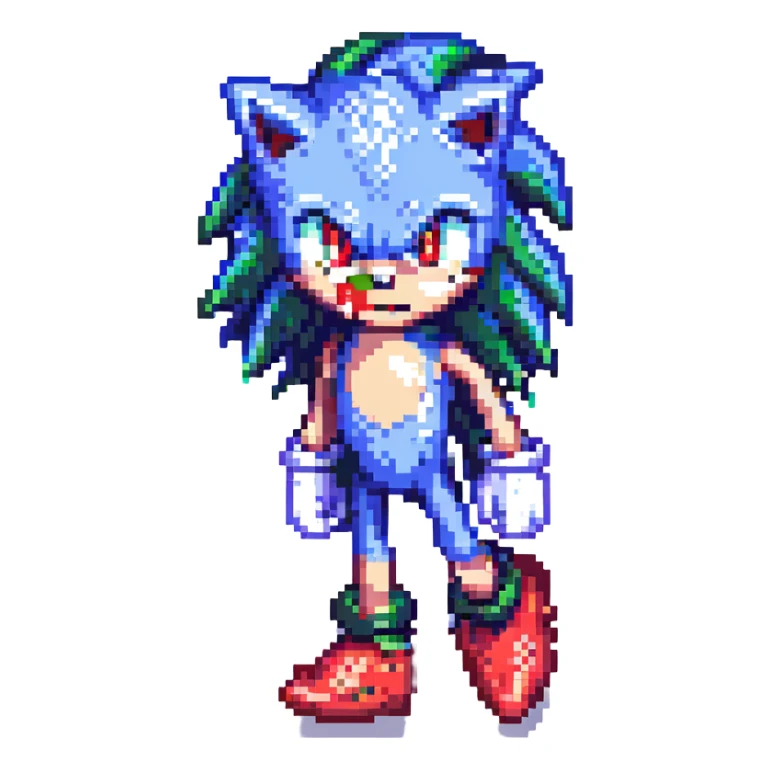 Change Sonic's eyes to red, keep pixel art style, no background sticker