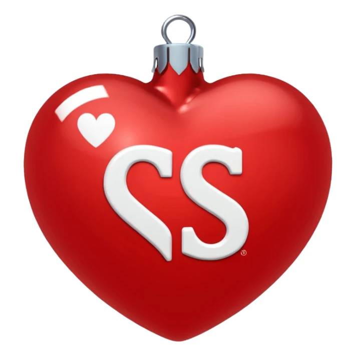 red Christmas heart-shaped ball with white "S" logo sticker