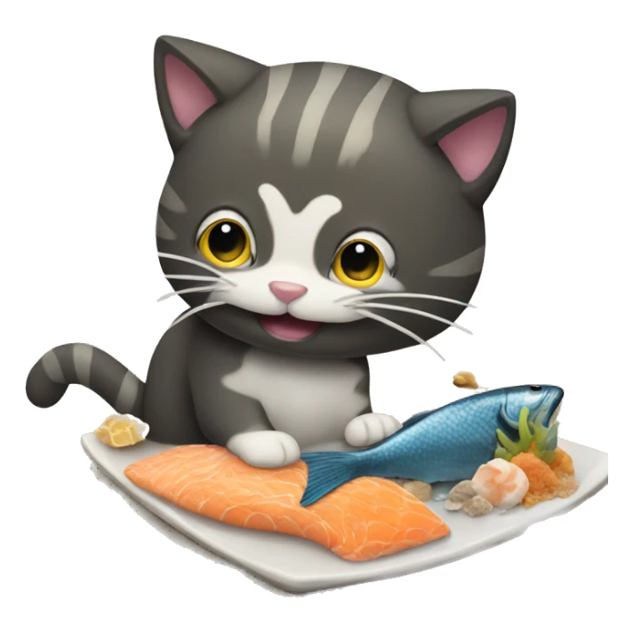 Cat eating fish on a beach near a wave  sticker
