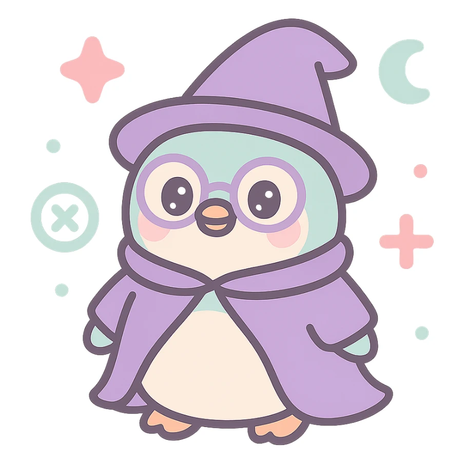 penguin wizard with glasses, purple cloak, surrounded by magical runes, whimsical sticker