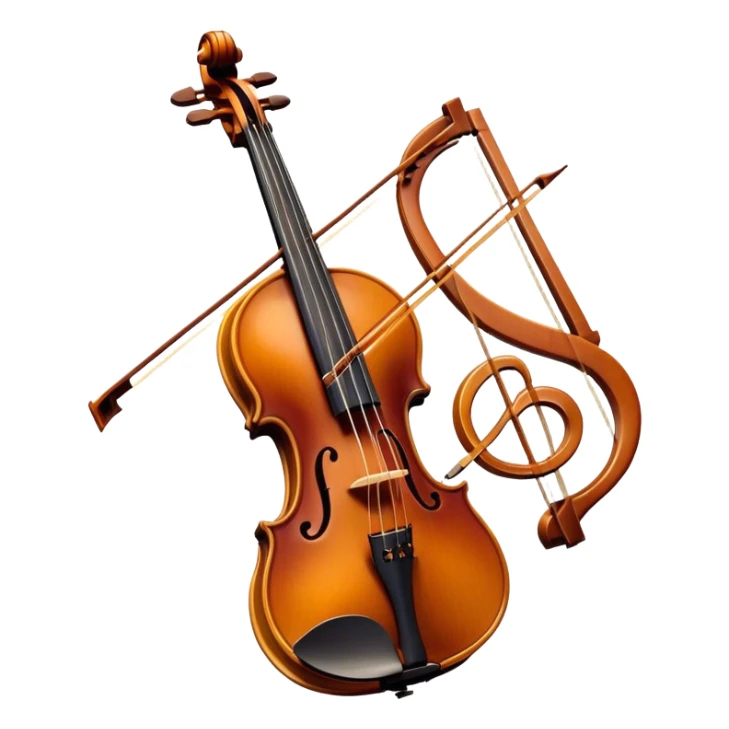 Create a sophisticated and artistic emoji representing the 'Macdonald' viola by Antonio Stradivari, with a bow. The design should feature the beautifully crafted viola with its elegant, curved shape and intricate woodwork, positioned alongside a finely crafted bow. Add subtle elements like flowing musical notes to emphasize the sound and artistry of the instrument. Use rich, warm tones like golden brown and deep red to reflect the luxurious nature of the instrument. The background should be transparent sticker