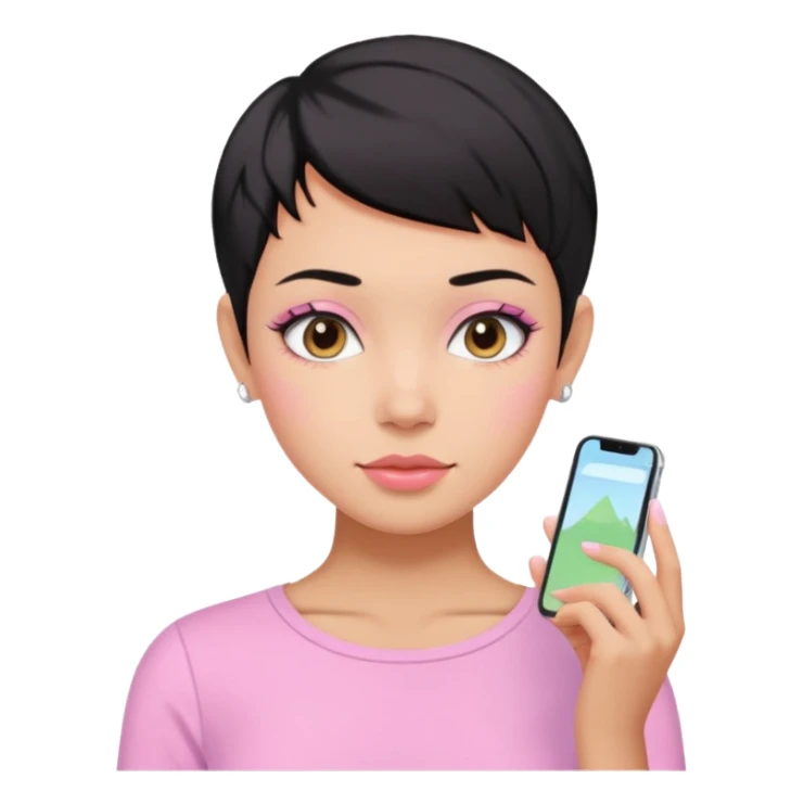 tan girl pink shirt with black hair & a pixie, cut no earrings, doing cute pastel colors skin care sticker