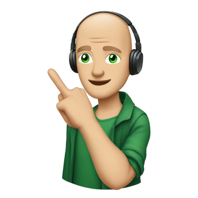 A bald man with Beats and green Eyes with big finger thumb sticker