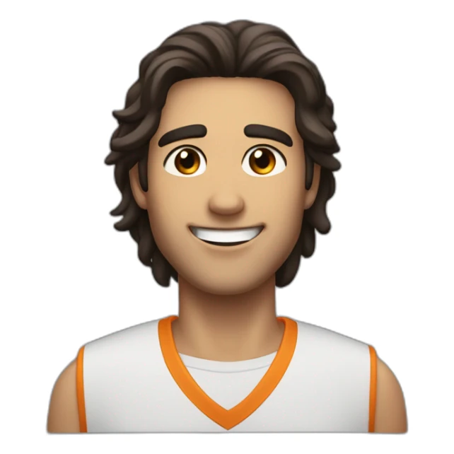 He has an athletic presence and a charming smile that lights up his face. He is tall, with shoulder-length dark hair, small brown eyes with a small nose, and a large mouth. sticker