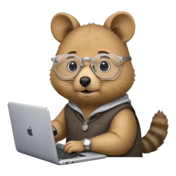 Quokka with silver-rimmed glasses working on a laptop sticker