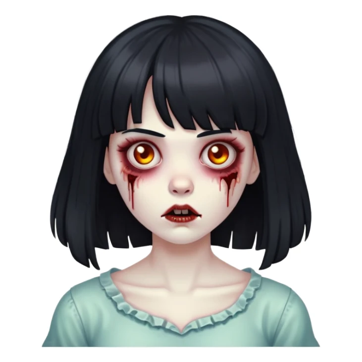 Zombie girl with big black hair and a bangs sticker