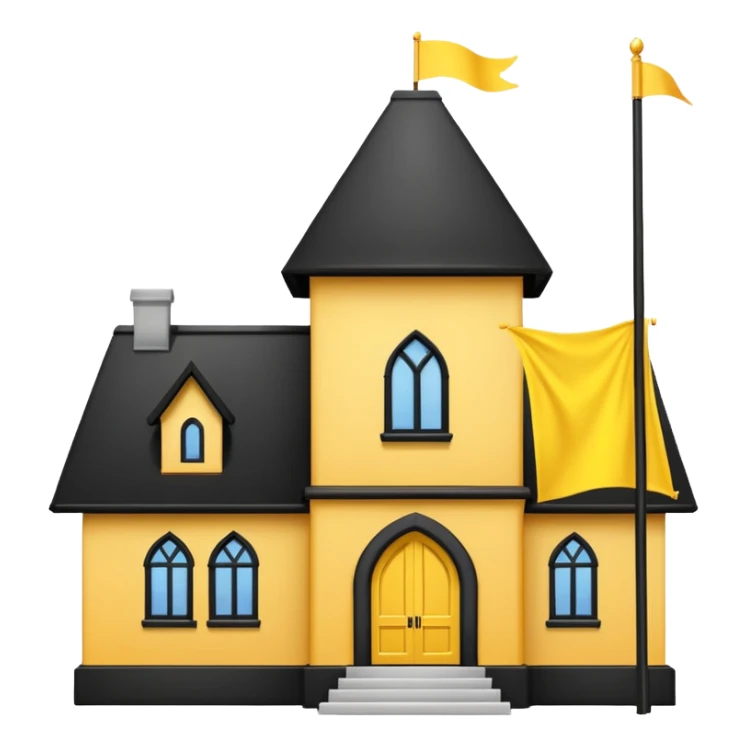 simple magic school, white background, magic school, black roof, with a big flag, big flag on a roof, big yellow flag, white school sticker